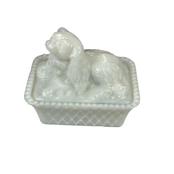 Boston Sandwich Milk Glass Animal Covered Dish Pekingese show dog Ruth Webb Lee - Picture 2 of 9